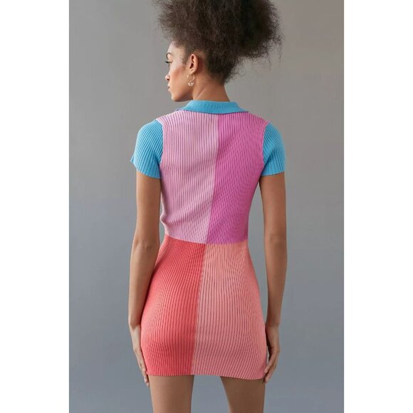 DEE ELLY Pink Colorblock Ribbed Knit Half Zip Mini Polo T-Shirt Dress, Size S - Picture 2 of 10